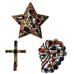 VTG Lot (3) Colorful Brooches Star La Roco 50s Cross PSCO 1998 Spray Unsigned